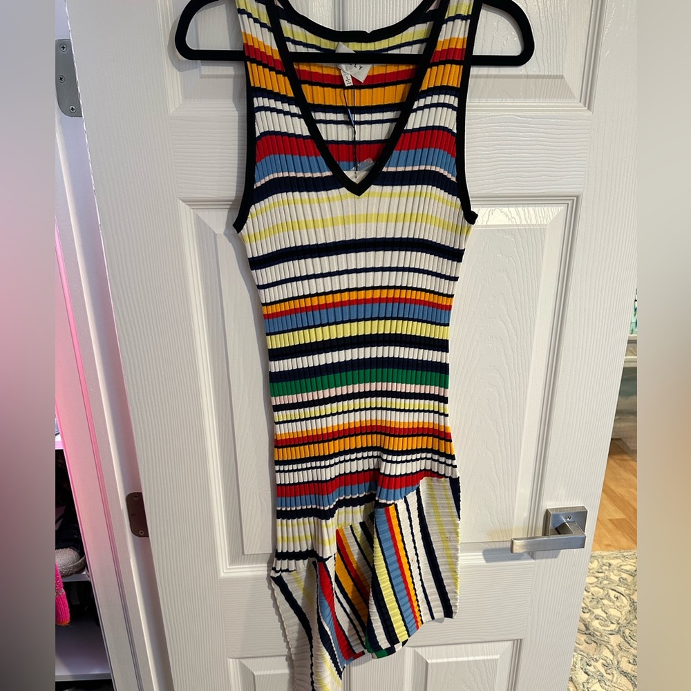 Milly New York Sleeveless Ribbed Asymmetrical Dress L Rainbow Striped - NWT